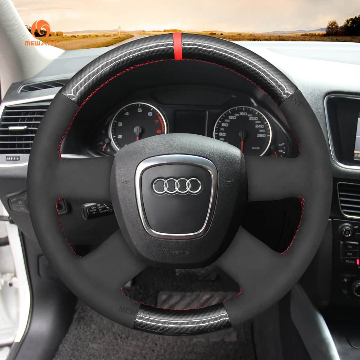MEWANT Hand Stitch Car Steering Wheel Cover for Audi A3 (8P) Sportback A4 (B8) A4 (B7) A6 (C6) - Alcantara, Leather, Carbon Fiber, Easy Install, Non - Slip, Best Steering Wheel Cover
