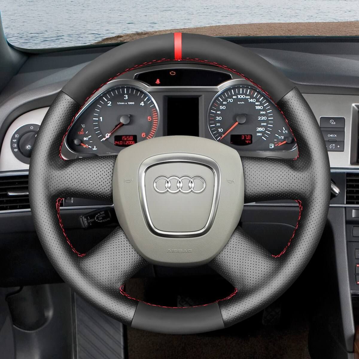 MEWANT Hand Stitch Car Steering Wheel Cover for Audi A3 (8P) Sportback A4 (B8) A4 (B7) A6 (C6) - Alcantara, Leather, Carbon Fiber, Easy Install, Non - Slip, Best Steering Wheel Cover