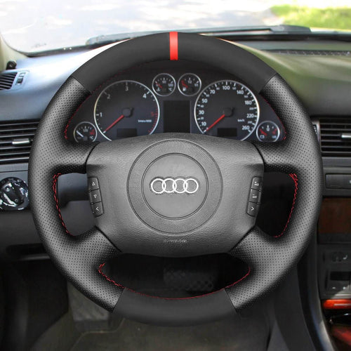 MEWANT Hand Stitch Car Steering Wheel Cover for Audi A4 2002 - 2005 / A6 1999 - 2004 / A8 A8 L 1998 - 2001 / Allroad 2001 - 2005 / S4 2004 - 2006 - Alcantara, Leather, Carbon Fiber, Easy Install, Non - Slip, Best Steering Wheel Cover