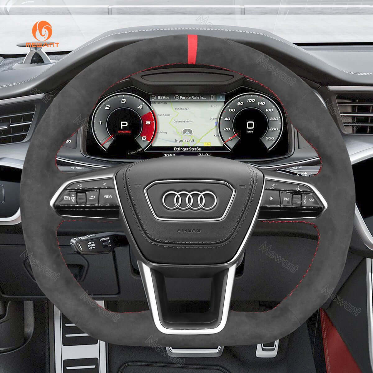 MEWANT Hand Stitch Car Steering Wheel Cover for Audi A6 (C8) Avant Allroad 2018 - 2019 / A7 (K8) 2018 - 2019 / S6 S 7 2019 - Alcantara, Leather, Carbon Fiber, Easy Install, Non - Slip, Best Steering Wheel Cover