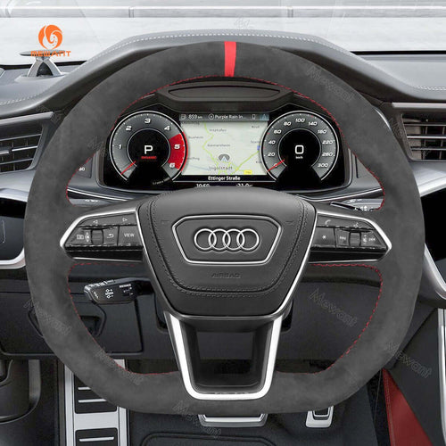 MEWANT Hand Stitch Car Steering Wheel Cover for Audi A6 (C8) Avant Allroad 2018 - 2019 / A7 (K8) 2018 - 2019 / S6 S 7 2019 - Alcantara, Leather, Carbon Fiber, Easy Install, Non - Slip, Best Steering Wheel Cover