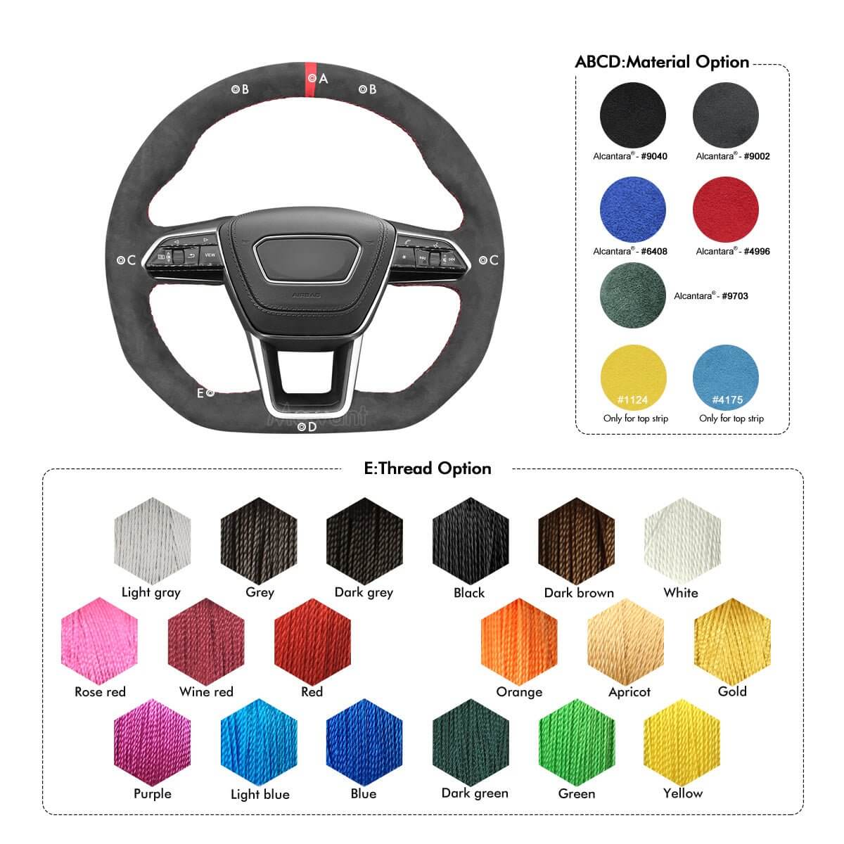 MEWANT Hand Stitch Car Steering Wheel Cover for Audi A6 (C8) Avant Allroad 2018 - 2019 / A7 (K8) 2018 - 2019 / S6 S 7 2019 - Alcantara, Leather, Carbon Fiber, Easy Install, Non - Slip, Best Steering Wheel Cover