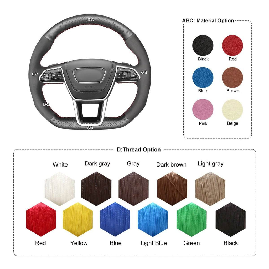MEWANT Hand Stitch Car Steering Wheel Cover for Audi A6 (C8) Avant Allroad 2018 - 2019 / A7 (K8) 2018 - 2019 / S6 S 7 2019 - Alcantara, Leather, Carbon Fiber, Easy Install, Non - Slip, Best Steering Wheel Cover