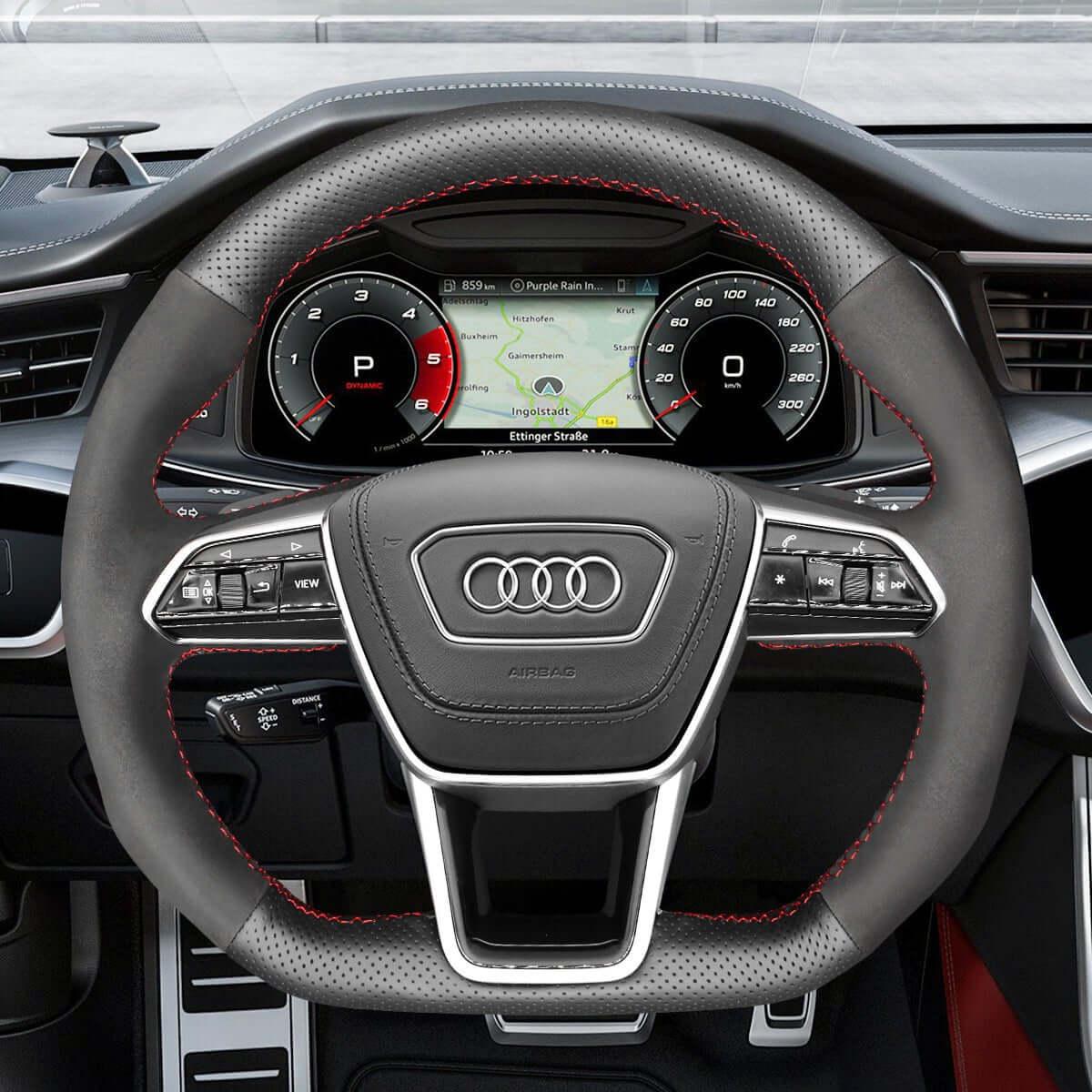 MEWANT Hand Stitch Car Steering Wheel Cover for Audi A6 (C8) Avant Allroad 2018 - 2019 / A7 (K8) 2018 - 2019 / S6 S 7 2019 - Alcantara, Leather, Carbon Fiber, Easy Install, Non - Slip, Best Steering Wheel Cover