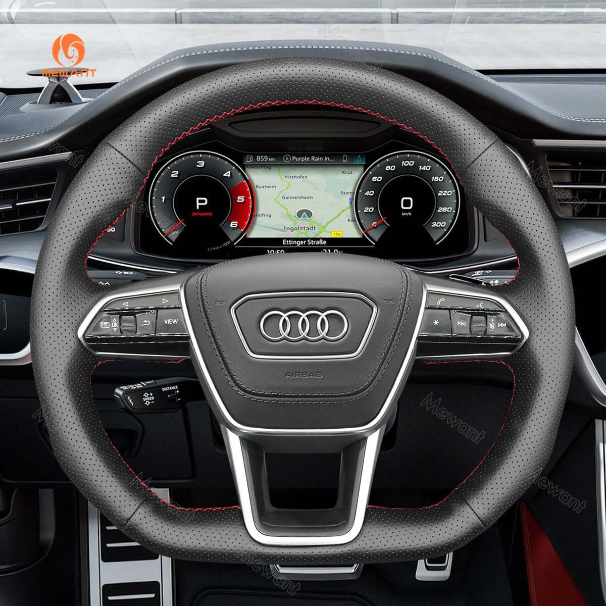 MEWANT Hand Stitch Car Steering Wheel Cover for Audi A6 (C8) Avant Allroad 2018 - 2019 / A7 (K8) 2018 - 2019 / S6 S 7 2019 - Alcantara, Leather, Carbon Fiber, Easy Install, Non - Slip, Best Steering Wheel Cover