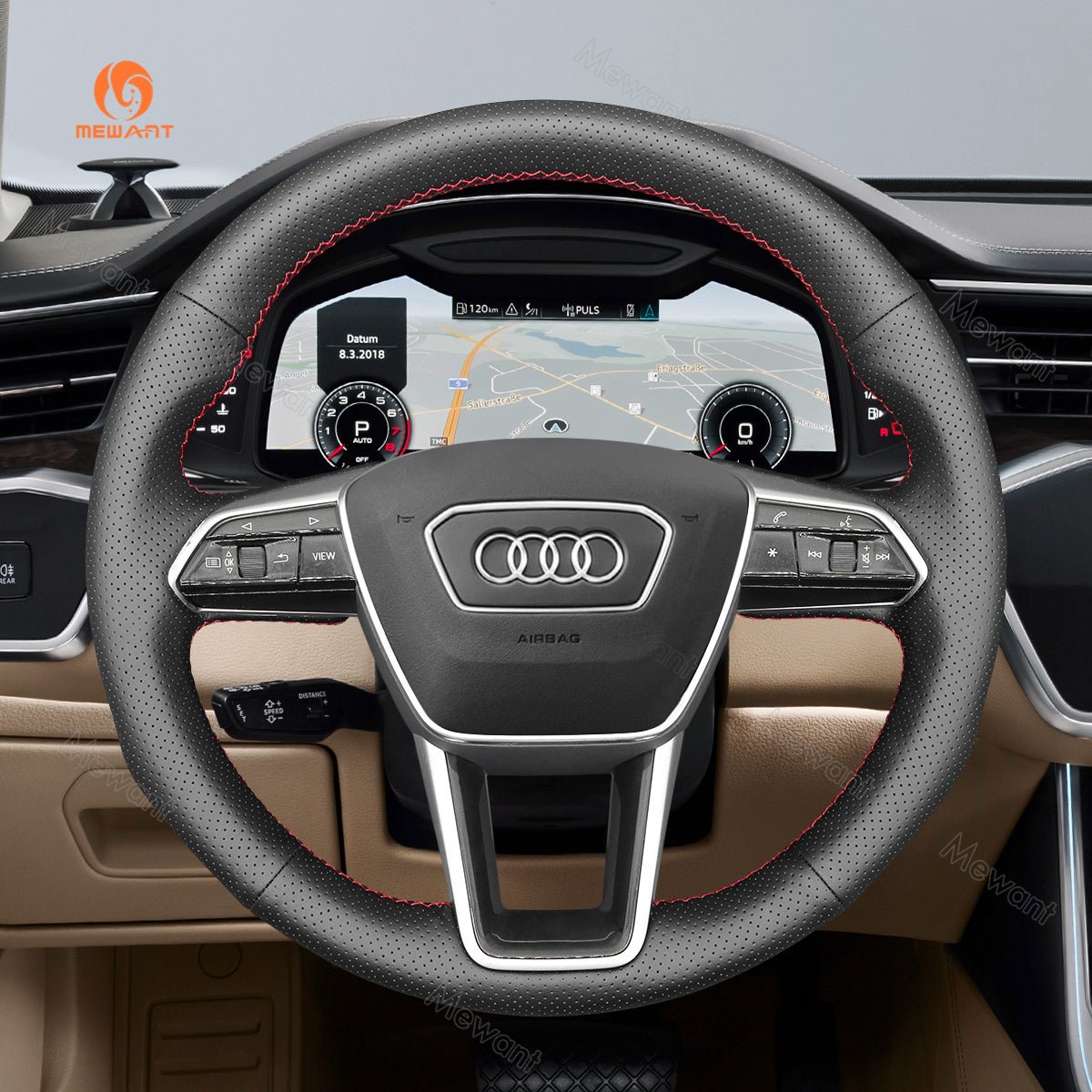MEWANT Hand Stitch Car Steering Wheel Cover for Audi A6 (C8) Avant Allroad 2018 - 2019 / A7 (K8) 2018 - 2019 / S7 2019 - Alcantara, Leather, Carbon Fiber, Easy Install, Non - Slip, Best Steering Wheel Cover