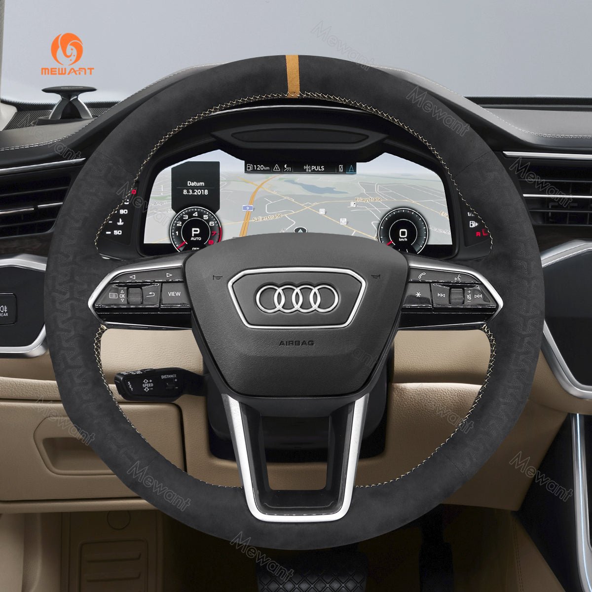 MEWANT Hand Stitch Car Steering Wheel Cover for Audi A6 (C8) Avant Allroad 2018 - 2019 / A7 (K8) 2018 - 2019 / S7 2019 - Alcantara, Leather, Carbon Fiber, Easy Install, Non - Slip, Best Steering Wheel Cover