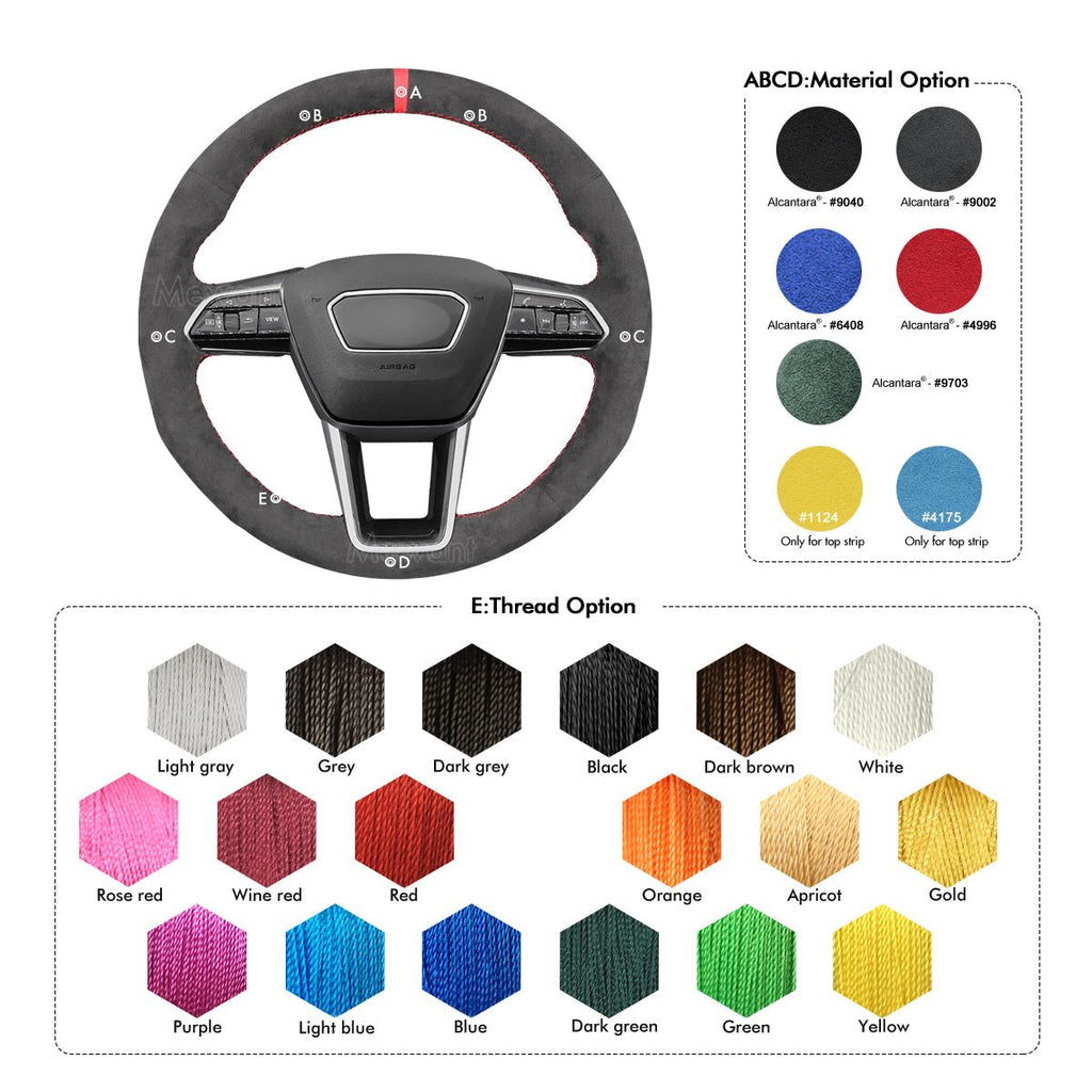 MEWANT Hand Stitch Car Steering Wheel Cover for Audi A6 (C8) Avant Allroad 2018 - 2019 / A7 (K8) 2018 - 2019 / S7 2019 - Alcantara, Leather, Carbon Fiber, Easy Install, Non - Slip, Best Steering Wheel Cover