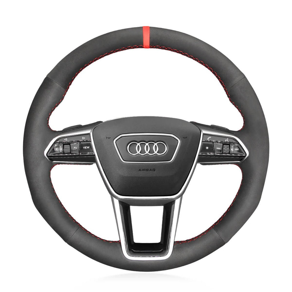 MEWANT Hand Stitch Car Steering Wheel Cover for Audi A6 (C8) Avant Allroad 2018 - 2019 / A7 (K8) 2018 - 2019 / S7 2019 - Alcantara, Leather, Carbon Fiber, Easy Install, Non - Slip, Best Steering Wheel Cover