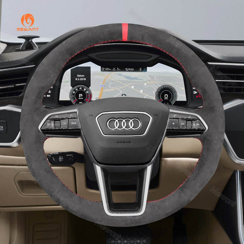 MEWANT Hand Stitch Car Steering Wheel Cover for Audi A6 (C8) Avant Allroad 2018 - 2019 / A7 (K8) 2018 - 2019 / S7 2019 - Alcantara, Leather, Carbon Fiber, Easy Install, Non - Slip, Best Steering Wheel Cover