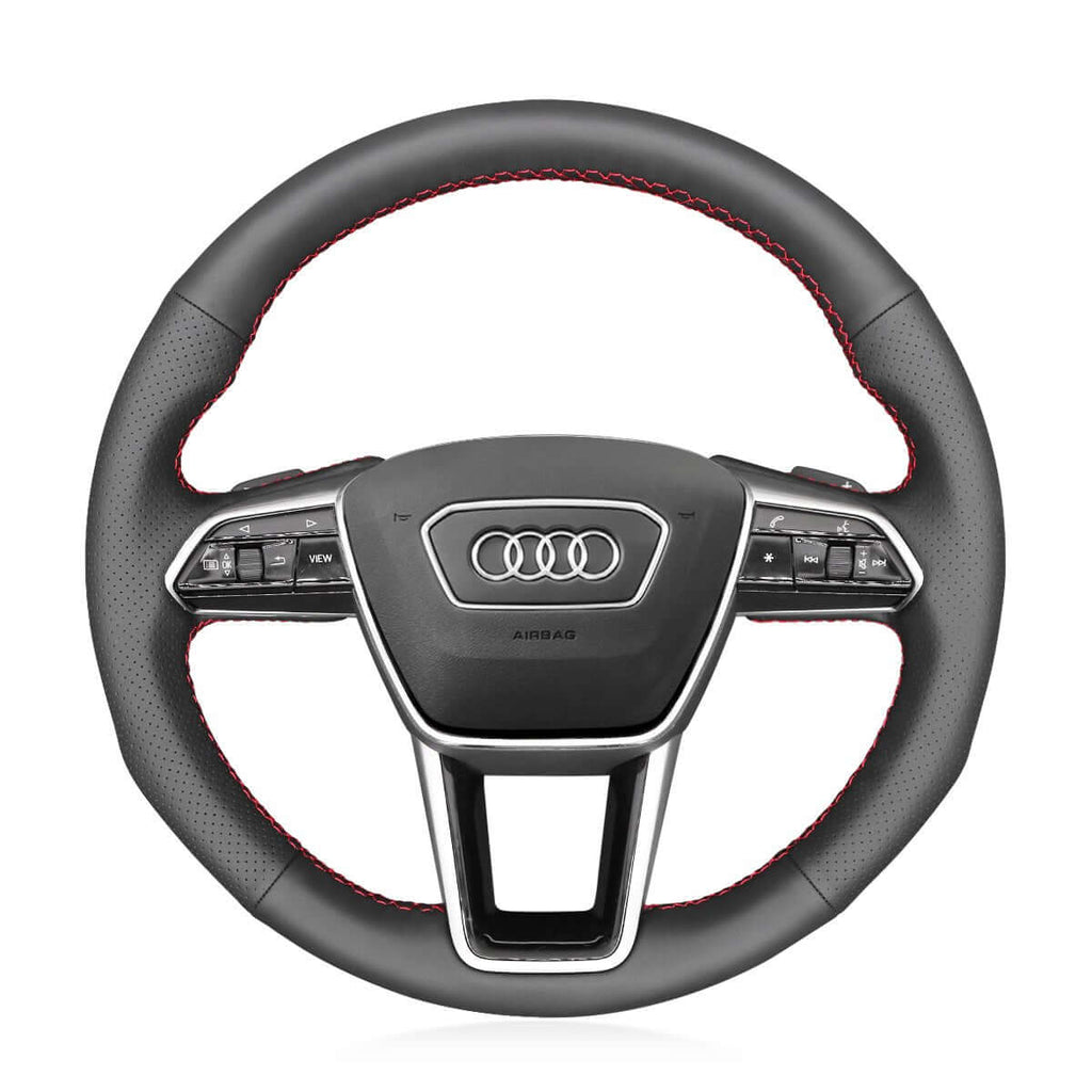 MEWANT Hand Stitch Car Steering Wheel Cover for Audi A6 (C8) Avant Allroad 2018 - 2019 / A7 (K8) 2018 - 2019 / S7 2019 - Alcantara, Leather, Carbon Fiber, Easy Install, Non - Slip, Best Steering Wheel Cover