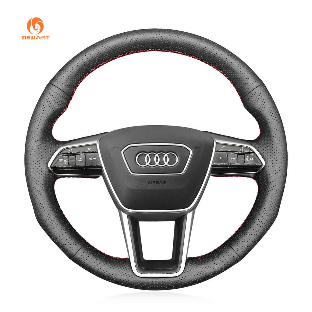 MEWANT Hand Stitch Car Steering Wheel Cover for Audi A6 (C8) Avant Allroad 2018 - 2019 / A7 (K8) 2018 - 2019 / S7 2019 - Alcantara, Leather, Carbon Fiber, Easy Install, Non - Slip, Best Steering Wheel Cover