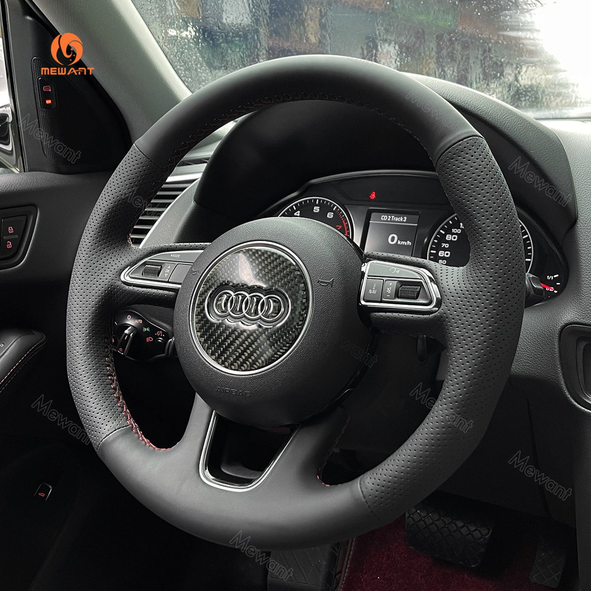 MEWANT Hand Stitch Car Steering Wheel Cover for Audi Q3 (8U) 2011 - 2018 / Q5 (8R) 2012 - 2017/ Q7 (4L) 2011 - 2015/ SQ5 (8R) 2013 - 2017 - Alcantara, Leather, Carbon Fiber, Easy Install, Non - Slip, Best Steering Wheel Cover