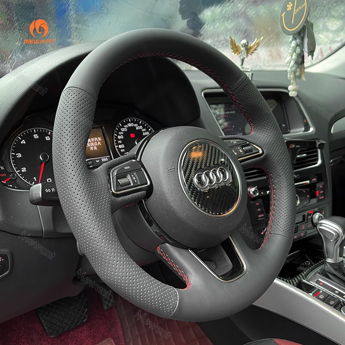 MEWANT Hand Stitch Car Steering Wheel Cover for Audi Q3 (8U) 2011 - 2018 / Q5 (8R) 2012 - 2017/ Q7 (4L) 2011 - 2015/ SQ5 (8R) 2013 - 2017 - Alcantara, Leather, Carbon Fiber, Easy Install, Non - Slip, Best Steering Wheel Cover