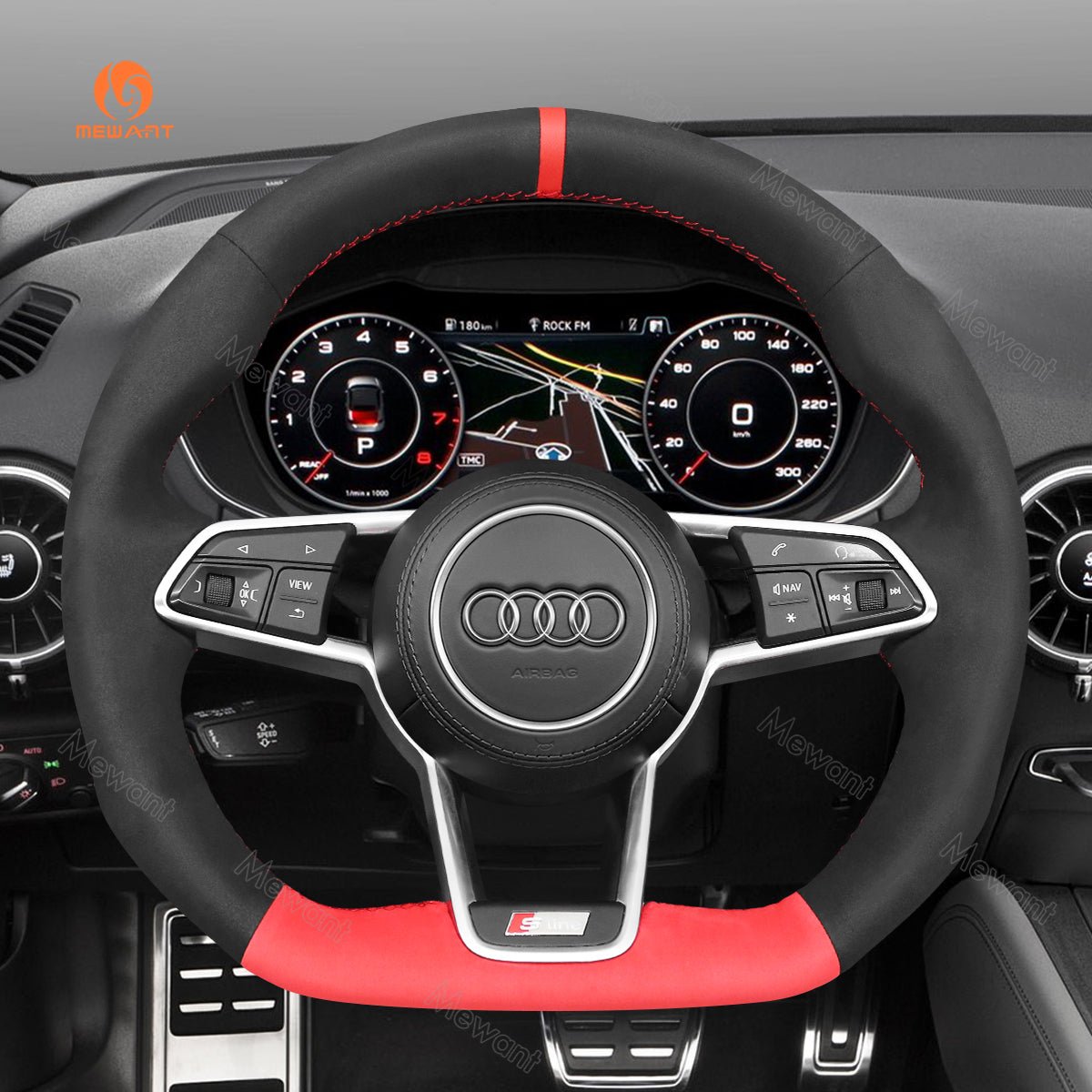 MEWANT Hand Stitch Car Steering Wheel Cover for Audi TT (8S) 2014 - 2019 / TTS 2014 - 2019 / TT RS 2016 - 2019 / R8 (4S) 2015 - 2019 - Alcantara, Leather, Carbon Fiber, Easy Install, Non - Slip, Best Steering Wheel Cover