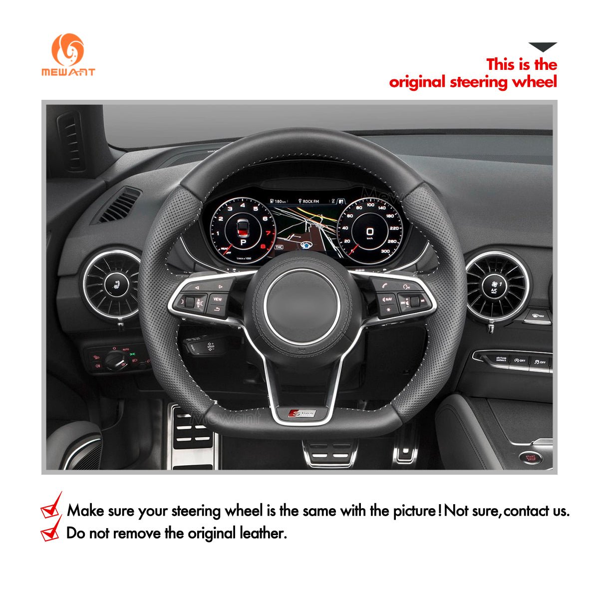 MEWANT Hand Stitch Car Steering Wheel Cover for Audi TT (8S) 2014 - 2019 / TTS 2014 - 2019 / TT RS 2016 - 2019 / R8 (4S) 2015 - 2019 - Alcantara, Leather, Carbon Fiber, Easy Install, Non - Slip, Best Steering Wheel Cover