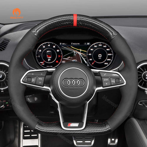 MEWANT Hand Stitch Car Steering Wheel Cover for Audi TT (8S) 2014 - 2019 / TTS 2014 - 2019 / TT RS 2016 - 2019 / R8 (4S) 2015 - 2019 - Alcantara, Leather, Carbon Fiber, Easy Install, Non - Slip, Best Steering Wheel Cover