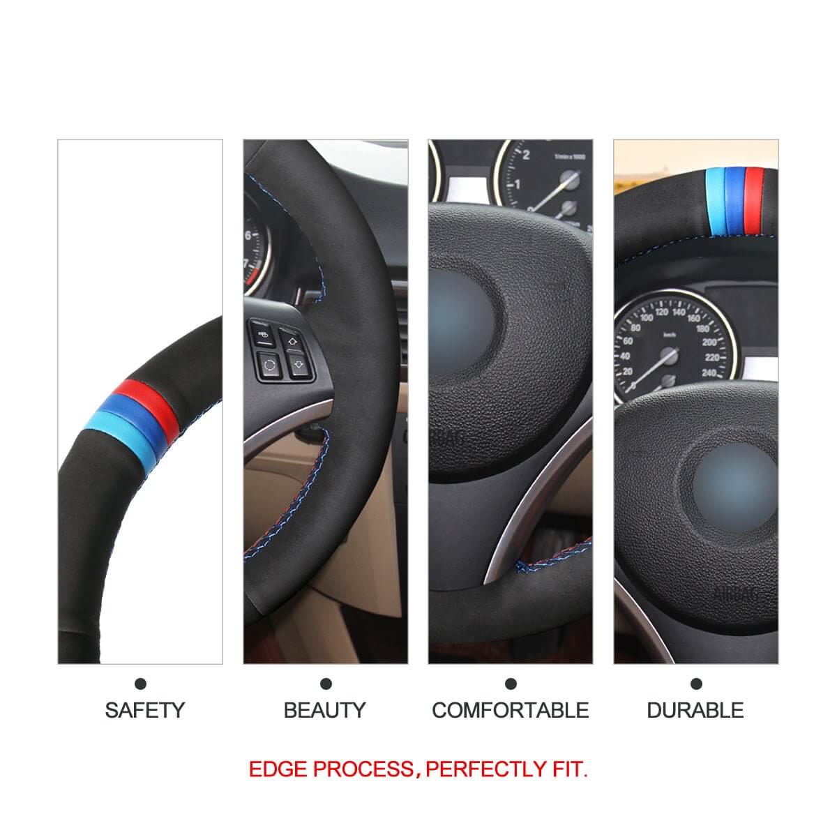 MEWANT Hand Stitch Car Steering Wheel Cover for BMW 1 Series E81 E82 E87 E88 2008 - 2012 / 3 Series E90 E91 E92 E93 2006 - 2011 - Alcantara, Leather, Carbon Fiber, Easy Install, Non - Slip, Best Steering Wheel Cover