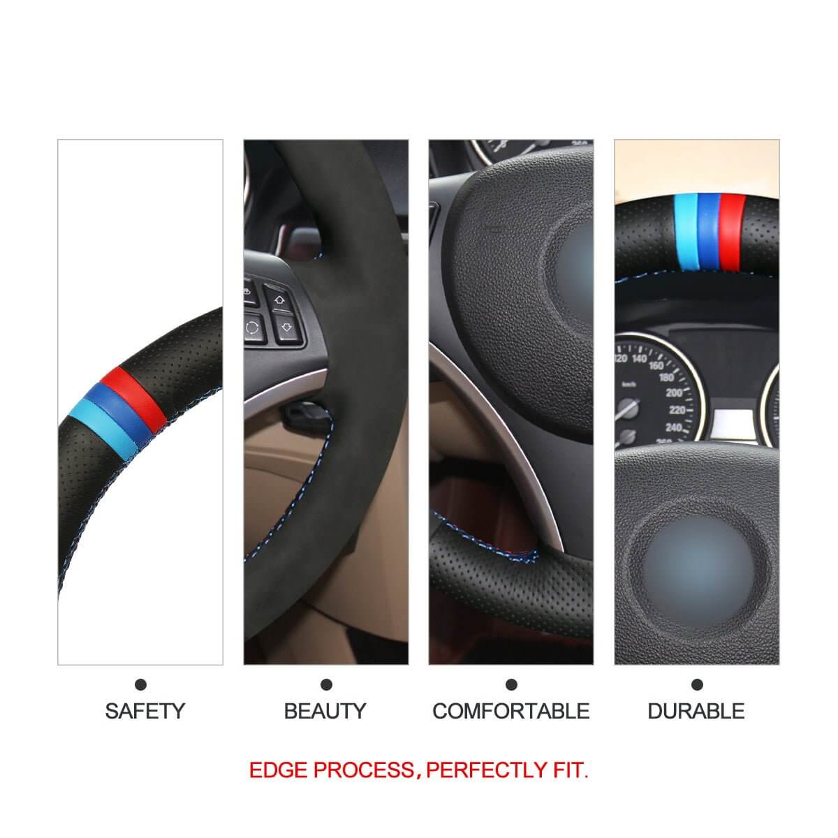 MEWANT Hand Stitch Car Steering Wheel Cover for BMW 1 Series E81 E82 E87 E88 2008 - 2012 / 3 Series E90 E91 E92 E93 2006 - 2011 - Alcantara, Leather, Carbon Fiber, Easy Install, Non - Slip, Best Steering Wheel Cover