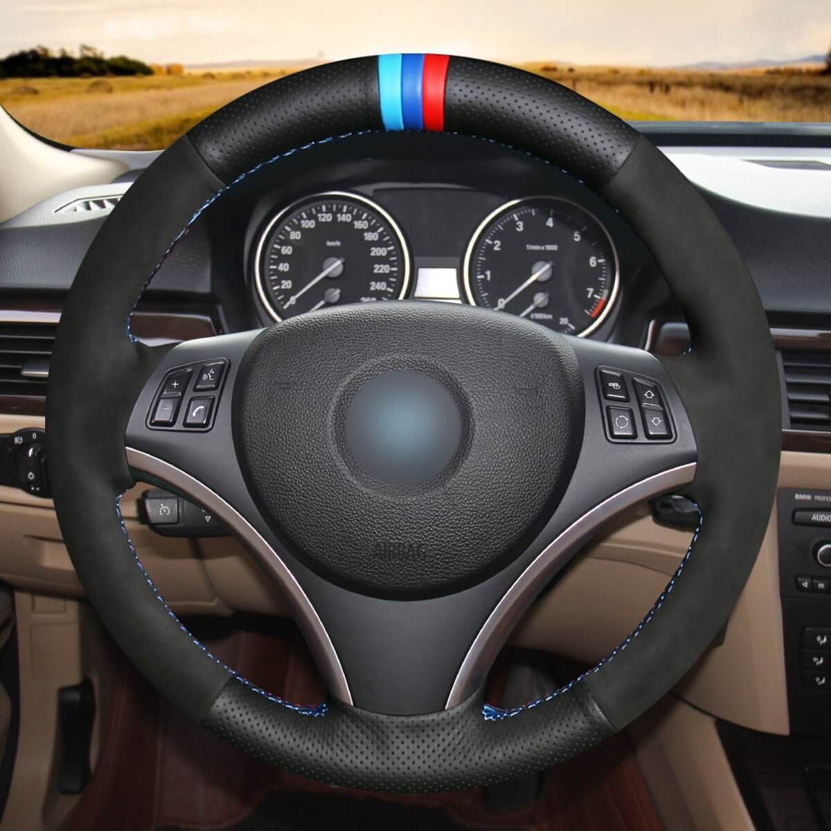MEWANT Hand Stitch Car Steering Wheel Cover for BMW 1 Series E81 E82 E87 E88 2008 - 2012 / 3 Series E90 E91 E92 E93 2006 - 2011 - Alcantara, Leather, Carbon Fiber, Easy Install, Non - Slip, Best Steering Wheel Cover
