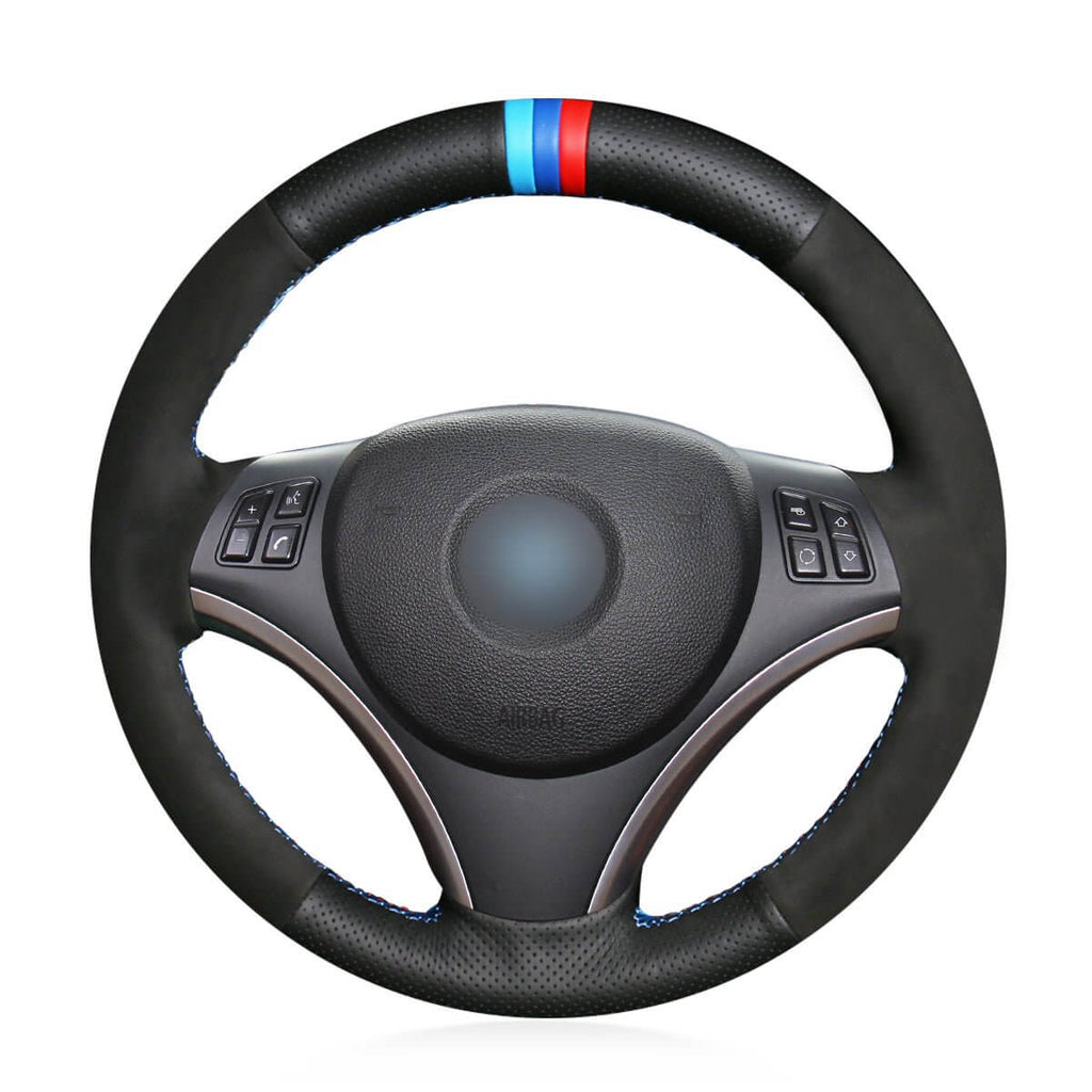 MEWANT Hand Stitch Car Steering Wheel Cover for BMW 1 Series E81 E82 E87 E88 2008 - 2012 / 3 Series E90 E91 E92 E93 2006 - 2011 - Alcantara, Leather, Carbon Fiber, Easy Install, Non - Slip, Best Steering Wheel Cover