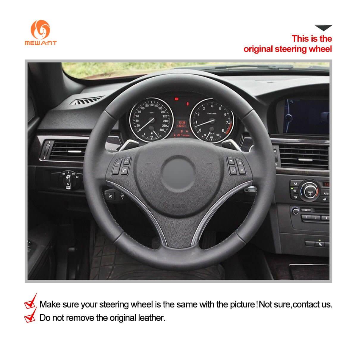MEWANT Hand Stitch Car Steering Wheel Cover for BMW 1 Series E81 E82 E87 E88 2008 - 2012 / 3 Series E90 E91 E92 E93 2006 - 2011 - Alcantara, Leather, Carbon Fiber, Easy Install, Non - Slip, Best Steering Wheel Cover