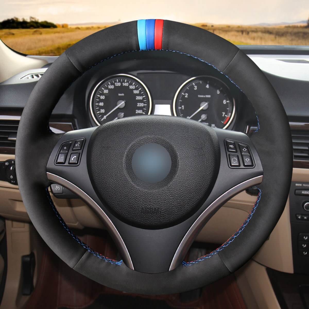MEWANT Hand Stitch Car Steering Wheel Cover for BMW 1 Series E81 E82 E87 E88 2008 - 2012 / 3 Series E90 E91 E92 E93 2006 - 2011 - Alcantara, Leather, Carbon Fiber, Easy Install, Non - Slip, Best Steering Wheel Cover