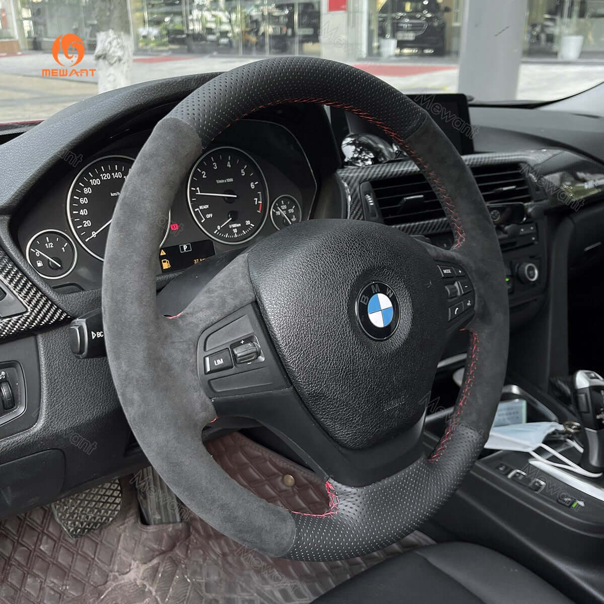 MEWANT Hand Stitch Car Steering Wheel Cover for BMW 3 Series F30 F34 Gran Turismo 2012 - 2018 - Alcantara, Leather, Carbon Fiber, Easy Install, Non - Slip, Best Steering Wheel Cover
