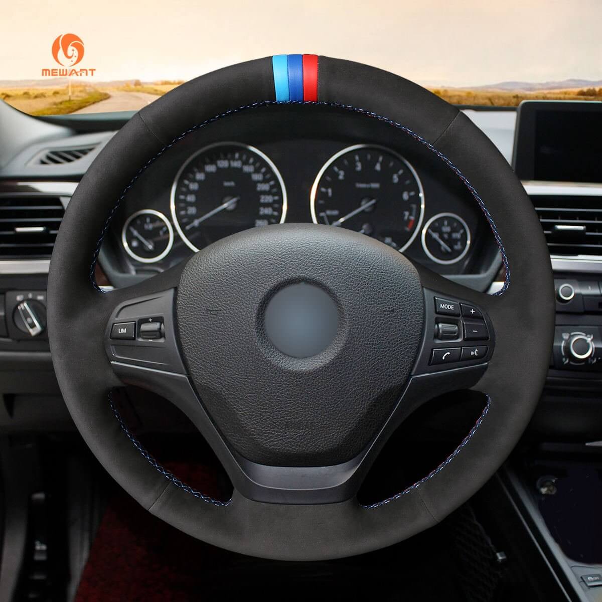 MEWANT Hand Stitch Car Steering Wheel Cover for BMW 3 Series F30 F34 Gran Turismo 2012 - 2018 - Alcantara, Leather, Carbon Fiber, Easy Install, Non - Slip, Best Steering Wheel Cover