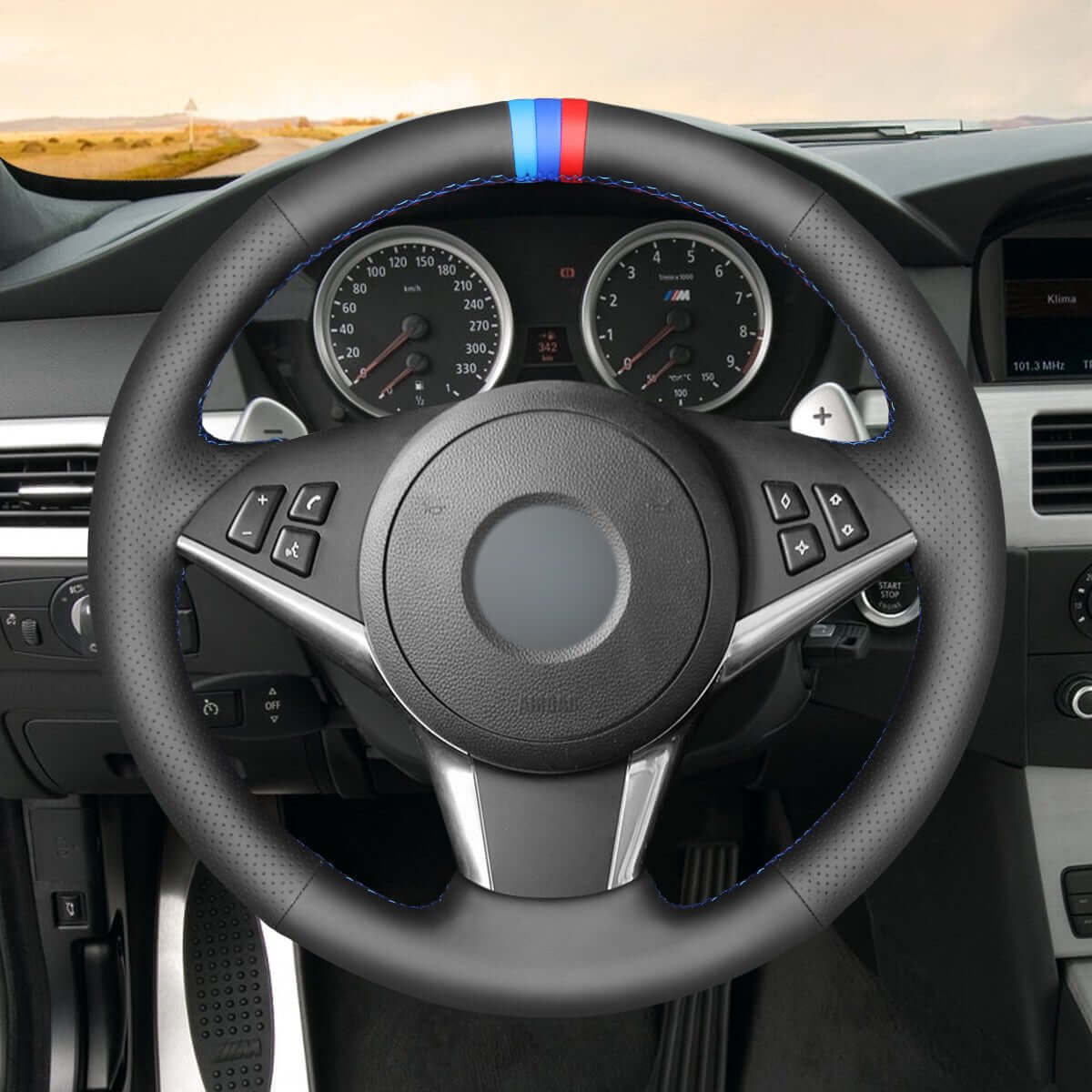 MEWANT Hand Stitch Car Steering Wheel Cover for BMW 5 Series E60 E61 2003 - 2010 / 6 Series E63 E64 2004 - 2009 - Alcantara, Leather, Carbon Fiber, Easy Install, Non - Slip, Best Steering Wheel Cover