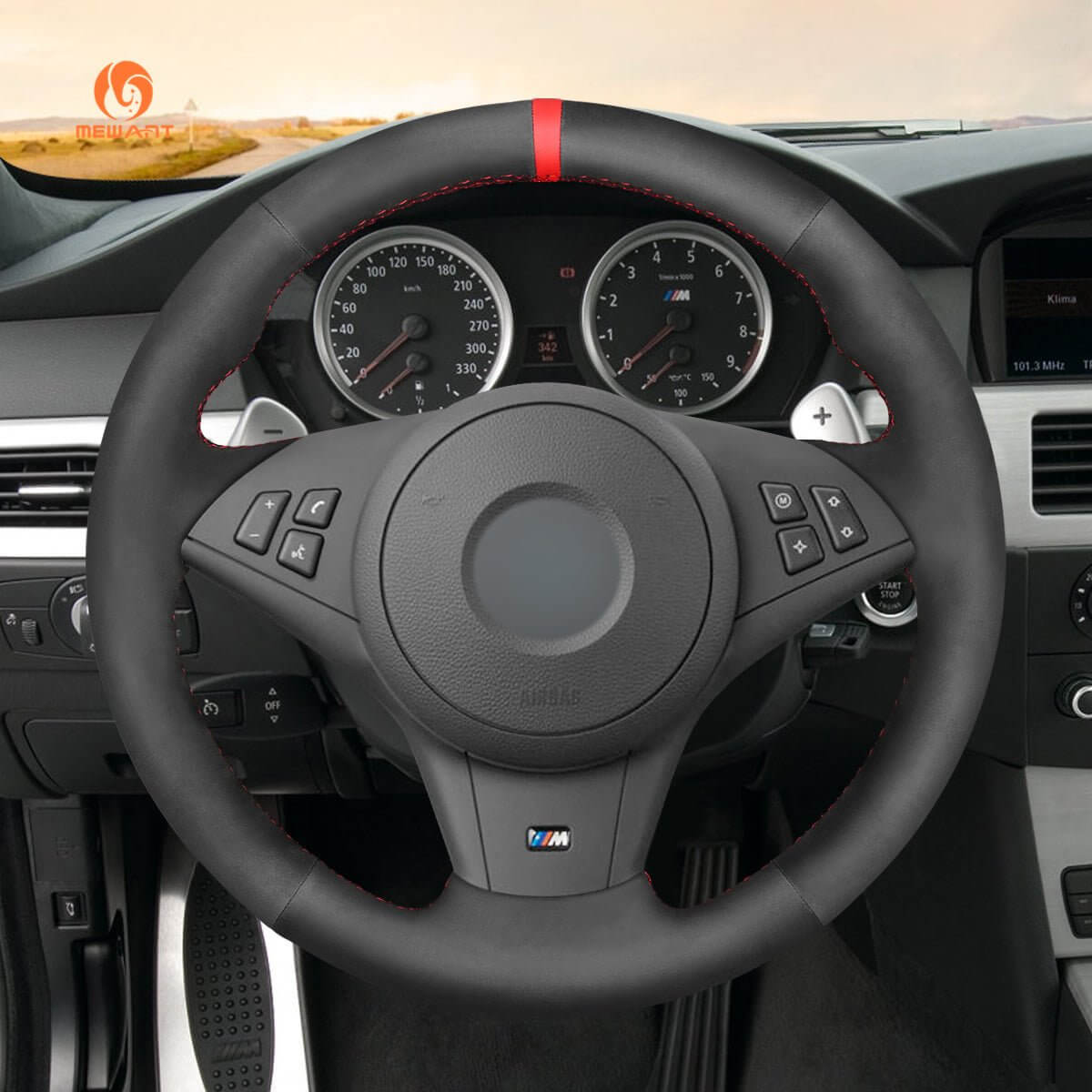 MEWANT Hand Stitch Car Steering Wheel Cover for BMW 5 Series E60 E61 2003 - 2010 / 6 Series E63 E64 2004 - 2009 - Alcantara, Leather, Carbon Fiber, Easy Install, Non - Slip, Best Steering Wheel Cover