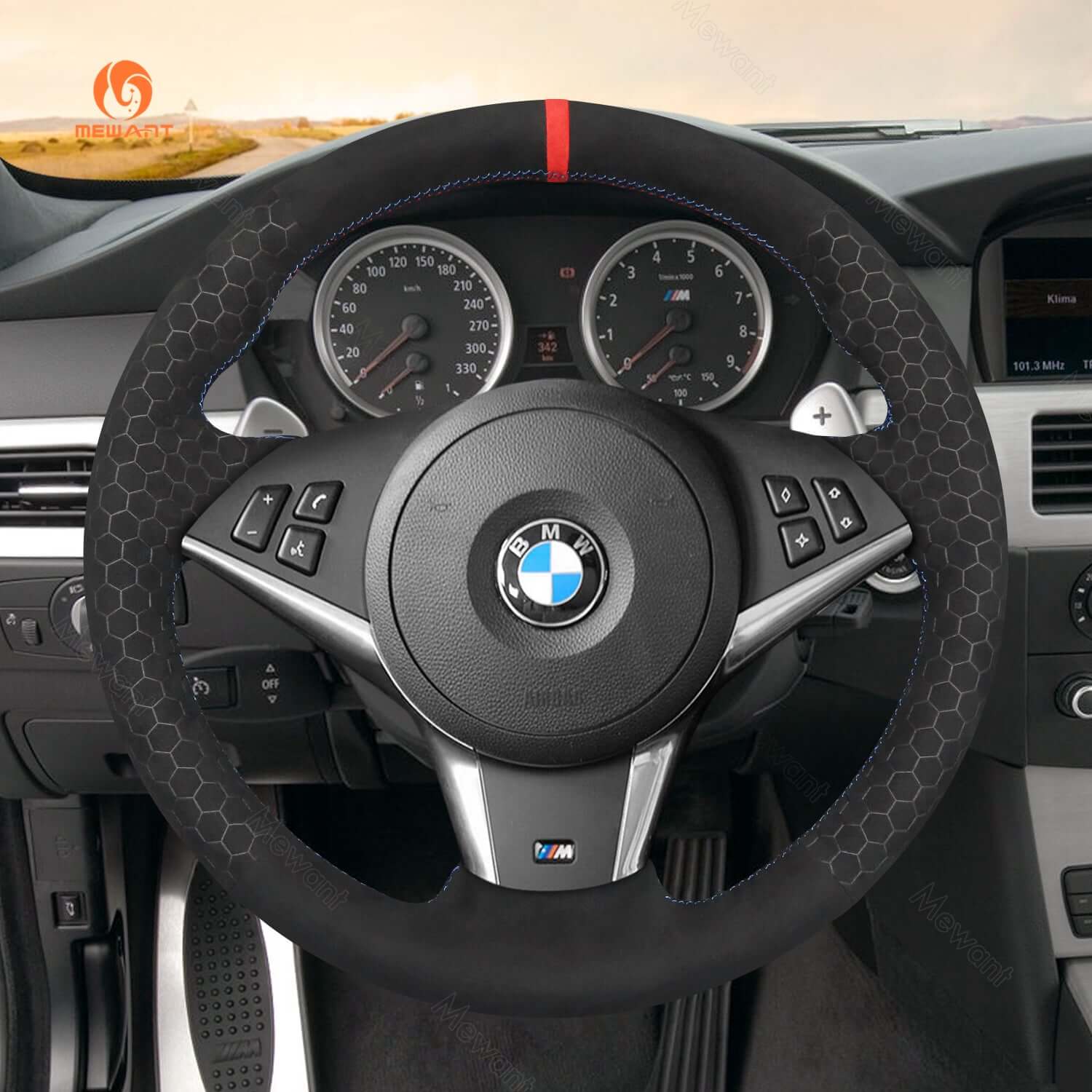 MEWANT Hand Stitch Car Steering Wheel Cover for BMW 5 Series E60 E61 2003 - 2010 / 6 Series E63 E64 2004 - 2009 - Alcantara, Leather, Carbon Fiber, Easy Install, Non - Slip, Best Steering Wheel Cover