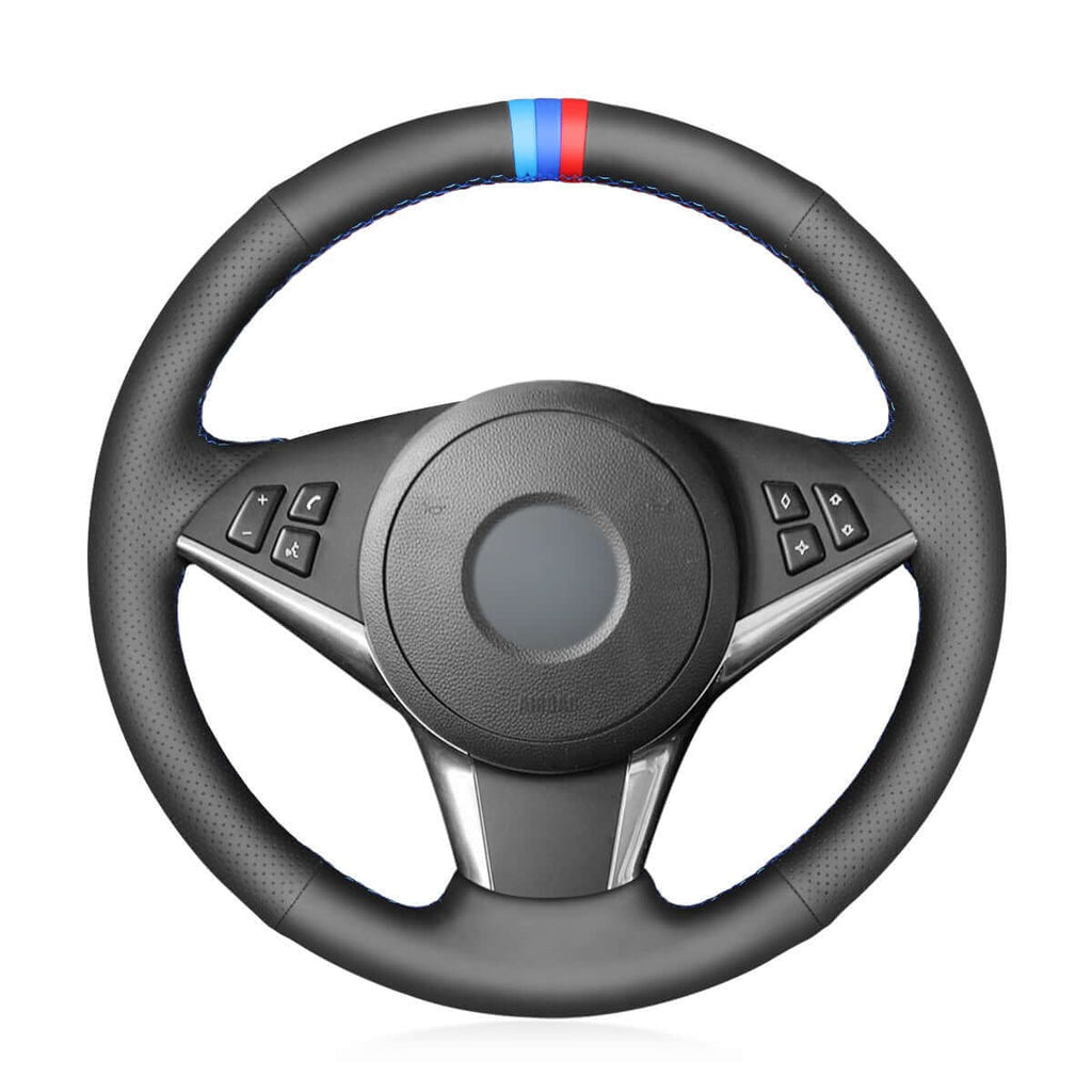 MEWANT Hand Stitch Car Steering Wheel Cover for BMW 5 Series E60 E61 2003 - 2010 / 6 Series E63 E64 2004 - 2009 - Alcantara, Leather, Carbon Fiber, Easy Install, Non - Slip, Best Steering Wheel Cover