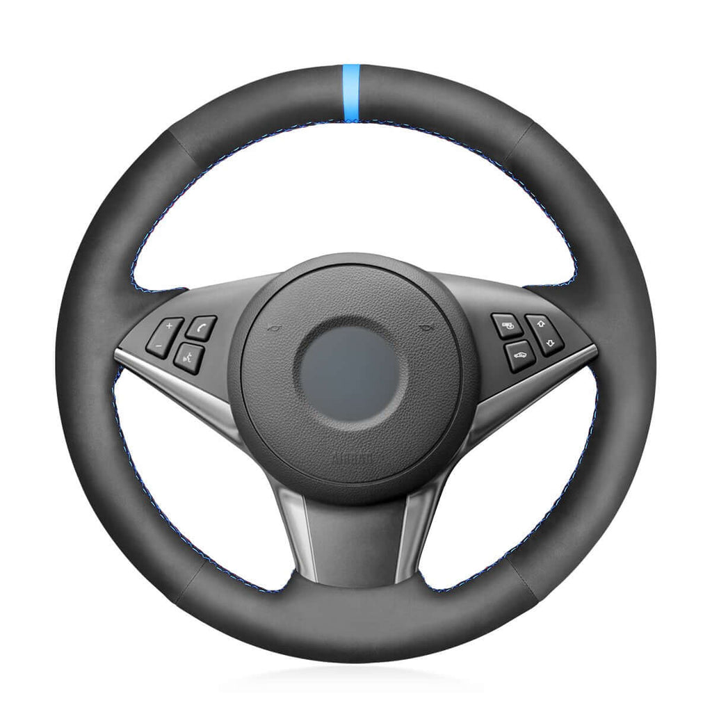 MEWANT Hand Stitch Car Steering Wheel Cover for BMW 5 Series E60 E61 2003 - 2010 / 6 Series E63 E64 2004 - 2009 - Alcantara, Leather, Carbon Fiber, Easy Install, Non - Slip, Best Steering Wheel Cover