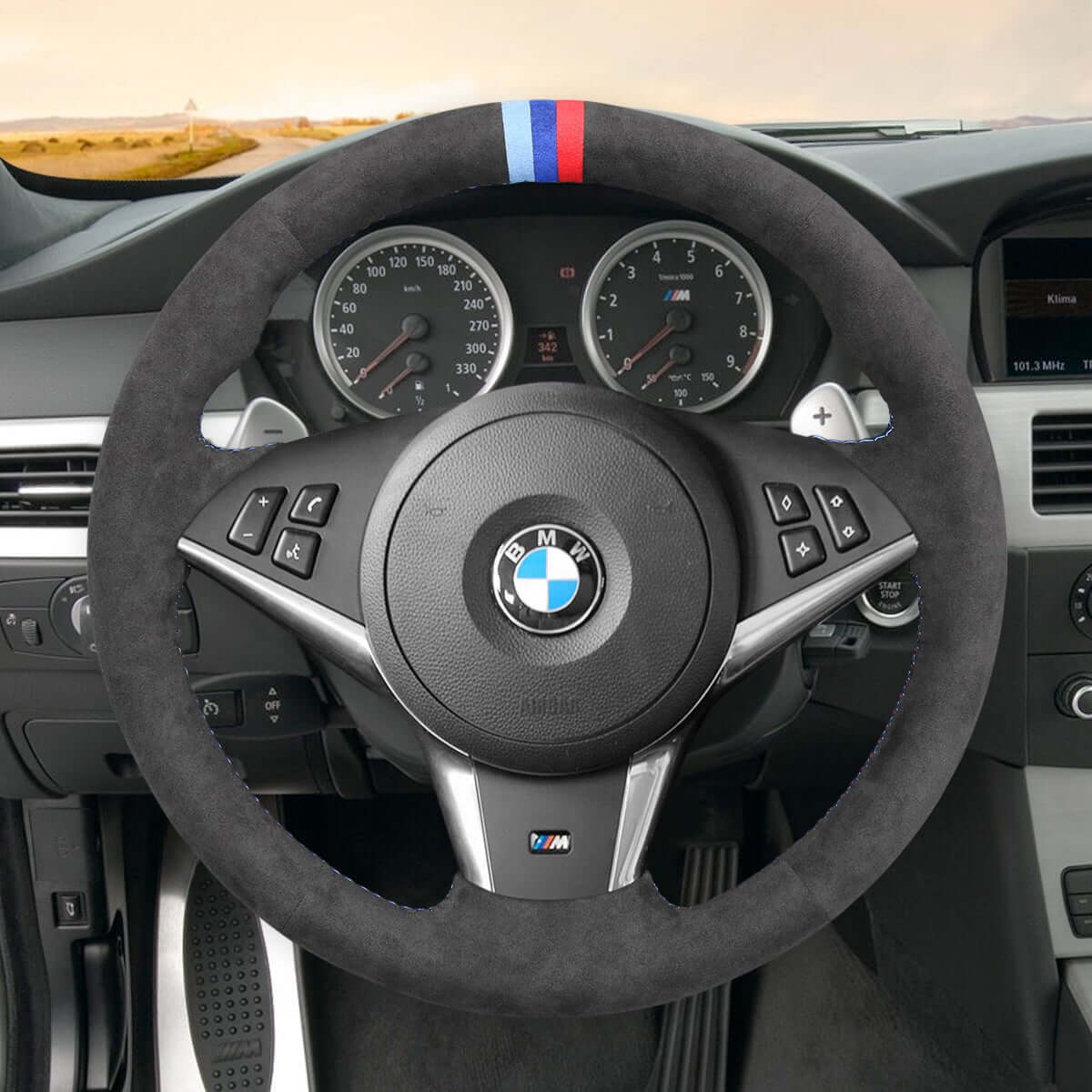 MEWANT Hand Stitch Car Steering Wheel Cover for BMW 5 Series E60 E61 2003 - 2010 / 6 Series E63 E64 2004 - 2009 - Alcantara, Leather, Carbon Fiber, Easy Install, Non - Slip, Best Steering Wheel Cover