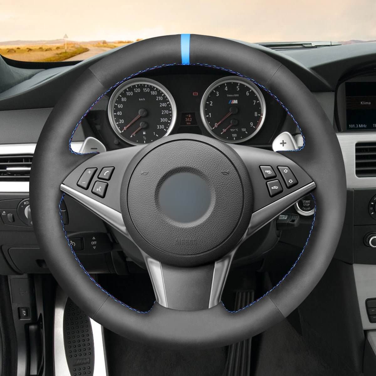 MEWANT Hand Stitch Car Steering Wheel Cover for BMW 5 Series E60 E61 2003 - 2010 / 6 Series E63 E64 2004 - 2009 - Alcantara, Leather, Carbon Fiber, Easy Install, Non - Slip, Best Steering Wheel Cover