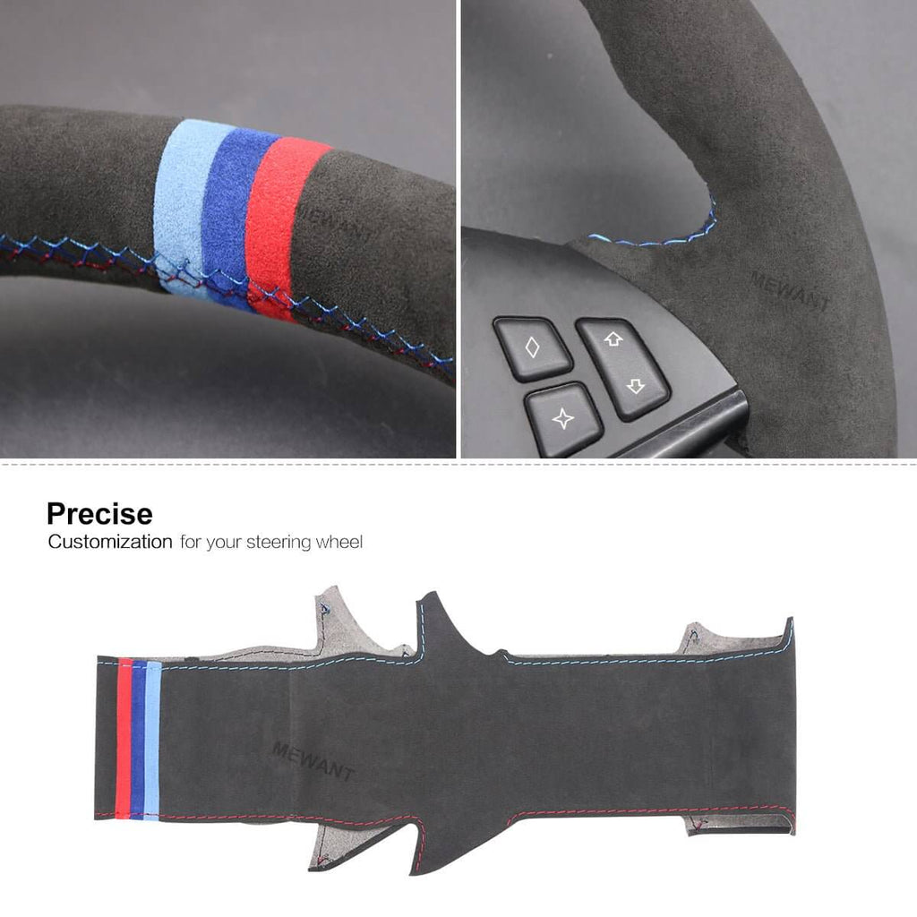 MEWANT Hand Stitch Car Steering Wheel Cover for BMW 5 Series E60 E61 2003 - 2010 / 6 Series E63 E64 2004 - 2009 - Alcantara, Leather, Carbon Fiber, Easy Install, Non - Slip, Best Steering Wheel Cover