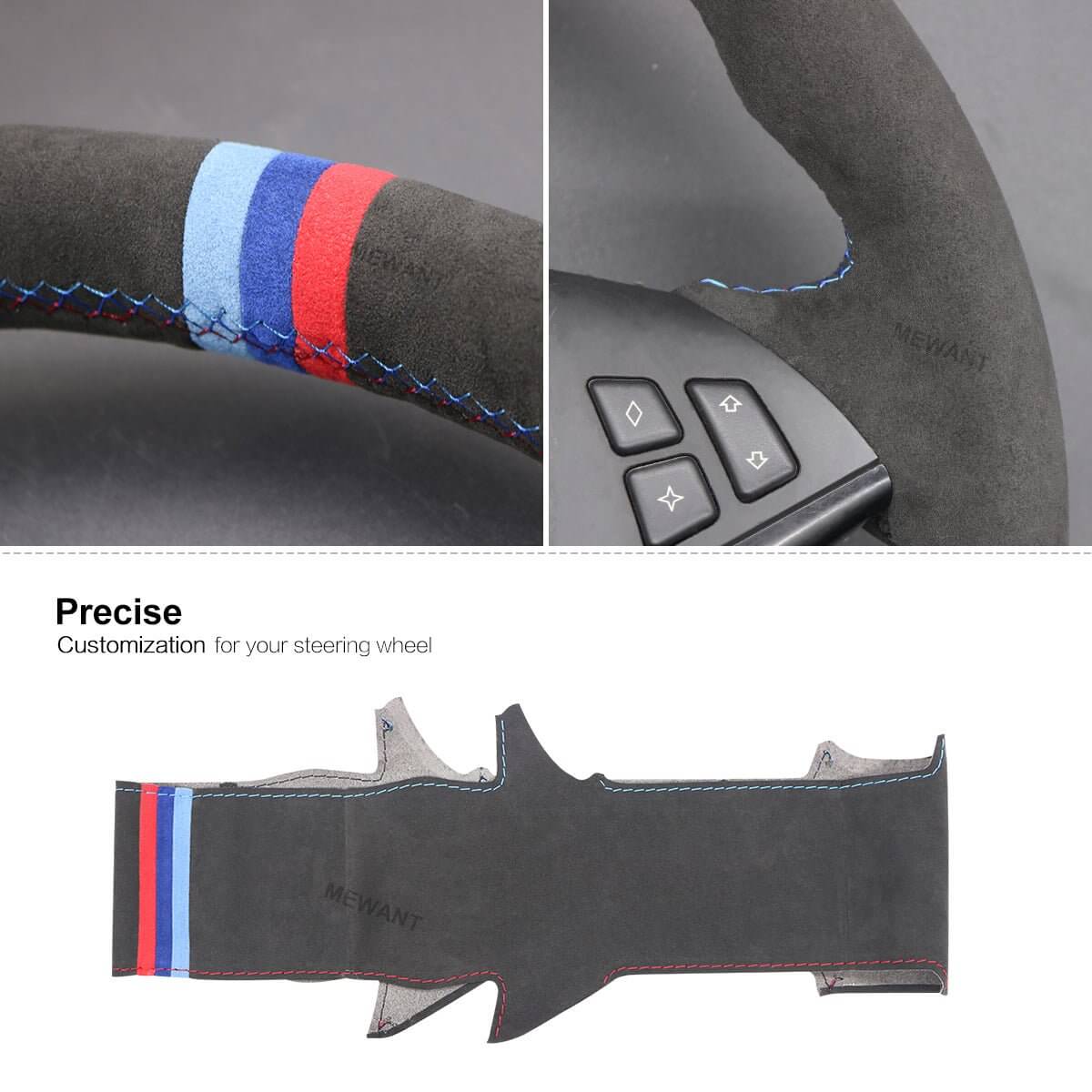 MEWANT Hand Stitch Car Steering Wheel Cover for BMW 5 Series E60 E61 2003 - 2010 / 6 Series E63 E64 2004 - 2009 - Alcantara, Leather, Carbon Fiber, Easy Install, Non - Slip, Best Steering Wheel Cover