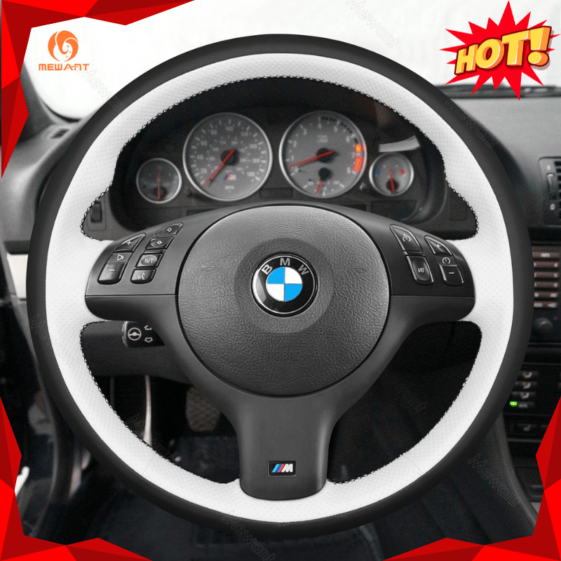 MEWANT Hand Stitch Car Steering Wheel Cover for BMW M Sport E46 330i 330Ci / E39 540i 525i 530i / M3 E46 / M5 E39 - Alcantara, Leather, Carbon Fiber, Easy Install, Non - Slip, Best Steering Wheel Cover