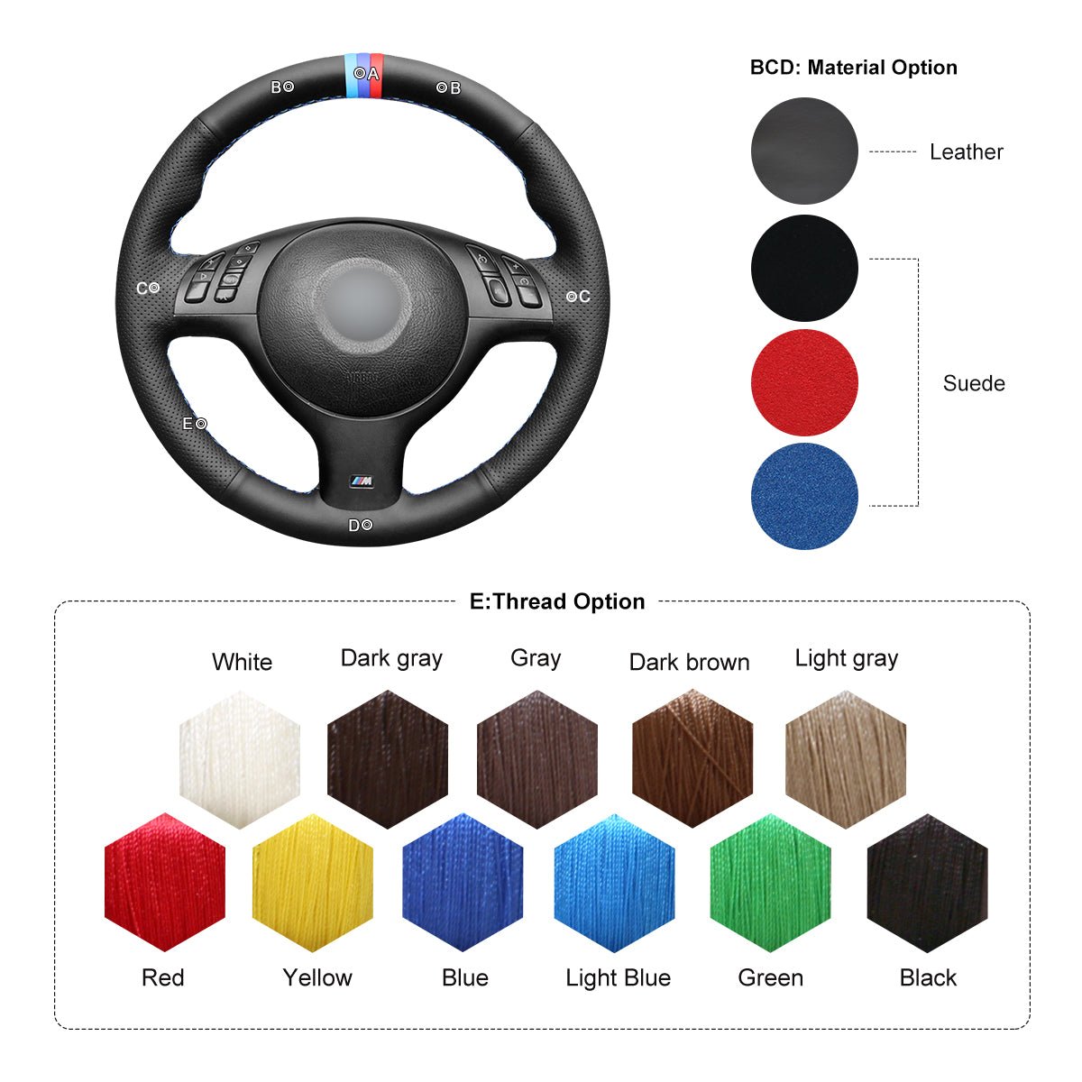 MEWANT Hand Stitch Car Steering Wheel Cover for BMW M Sport E46 330i 330Ci / E39 540i 525i 530i / M3 E46 / M5 E39 - Mewant Cover