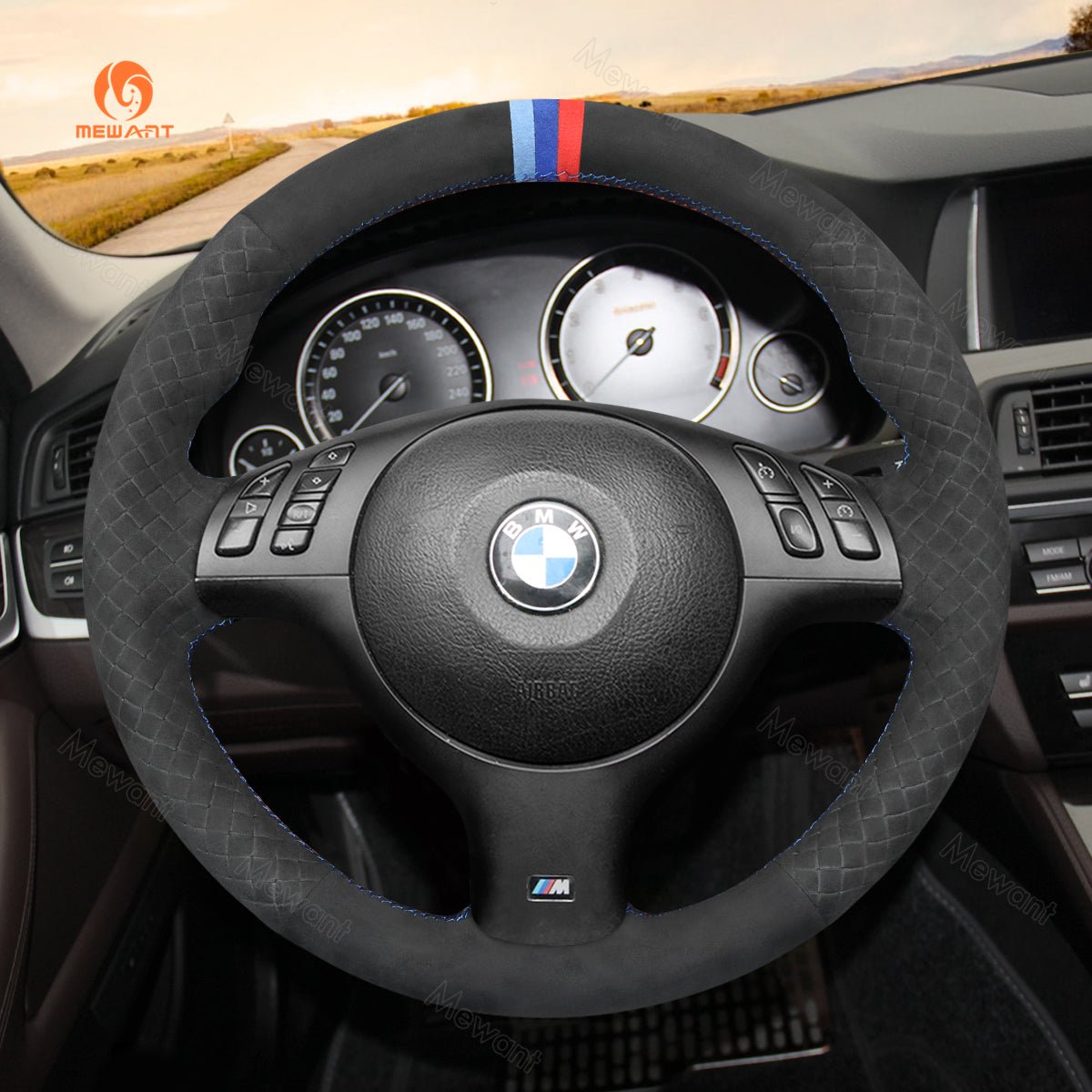 MEWANT Hand Stitch Car Steering Wheel Cover for BMW M Sport E46 330i 330Ci / E39 540i 525i 530i / M3 E46 / M5 E39 - Alcantara, Leather, Carbon Fiber, Easy Install, Non - Slip, Best Steering Wheel Cover