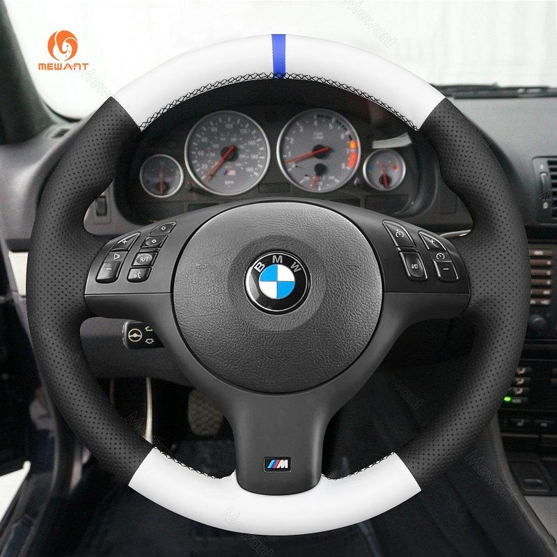 MEWANT Hand Stitch Car Steering Wheel Cover for BMW M Sport E46 330i 330Ci / E39 540i 525i 530i / M3 E46 / M5 E39 - Alcantara, Leather, Carbon Fiber, Easy Install, Non - Slip, Best Steering Wheel Cover