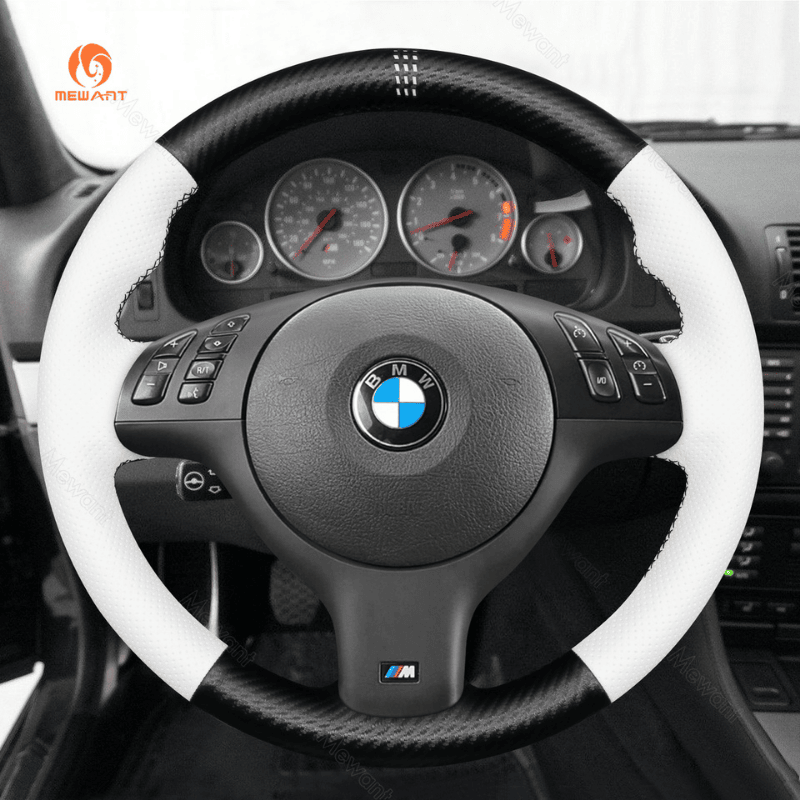 MEWANT Hand Stitch Car Steering Wheel Cover for BMW M Sport E46 330i 330Ci / E39 540i 525i 530i / M3 E46 / M5 E39 - Alcantara, Leather, Carbon Fiber, Easy Install, Non - Slip, Best Steering Wheel Cover
