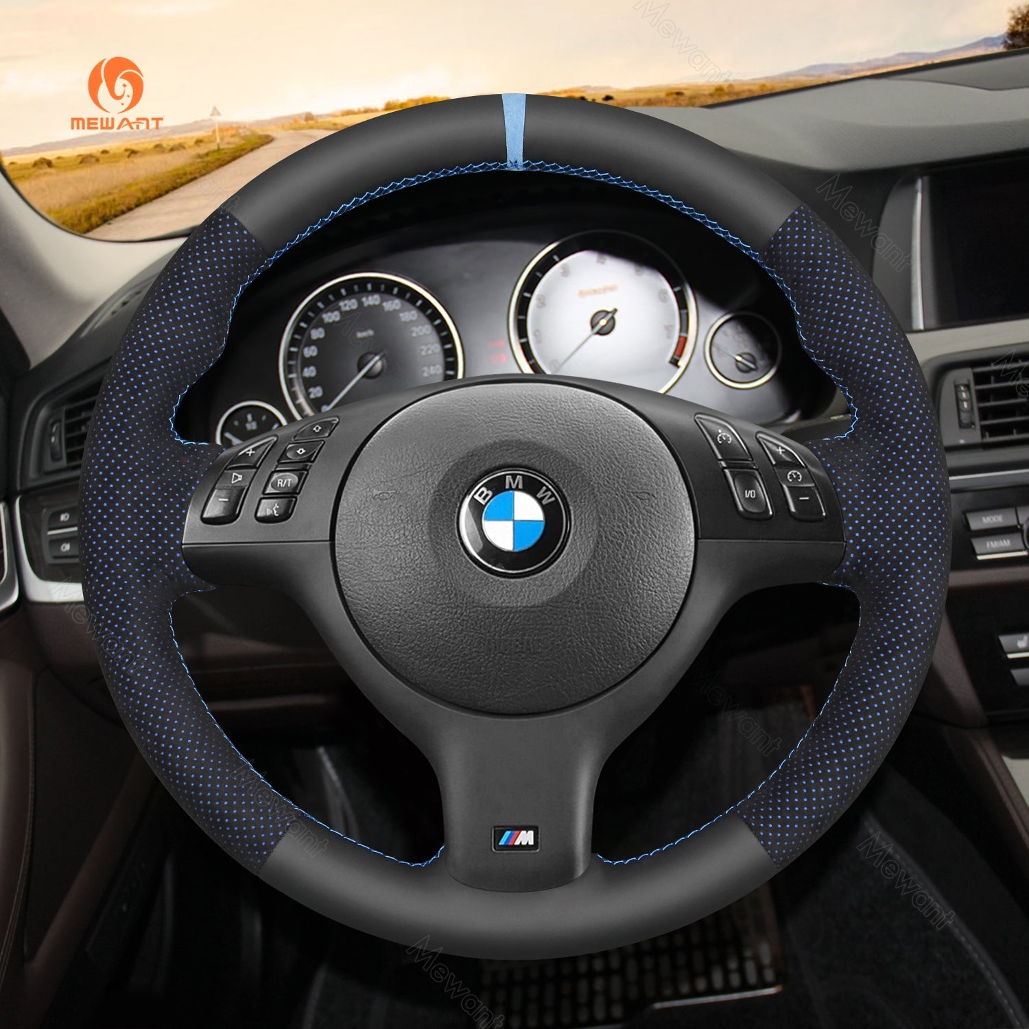 MEWANT Hand Stitch Car Steering Wheel Cover for BMW M Sport E46 330i 330Ci / E39 540i 525i 530i / M3 E46 / M5 E39 - Alcantara, Leather, Carbon Fiber, Easy Install, Non - Slip, Best Steering Wheel Cover