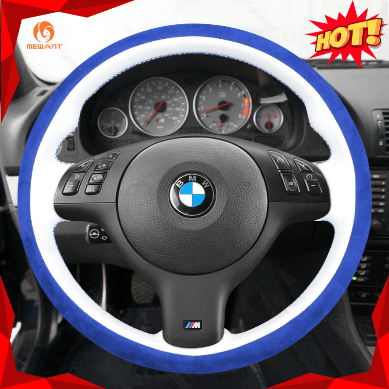 MEWANT Hand Stitch Car Steering Wheel Cover for BMW M Sport E46 330i 330Ci / E39 540i 525i 530i / M3 E46 / M5 E39 - Alcantara, Leather, Carbon Fiber, Easy Install, Non - Slip, Best Steering Wheel Cover