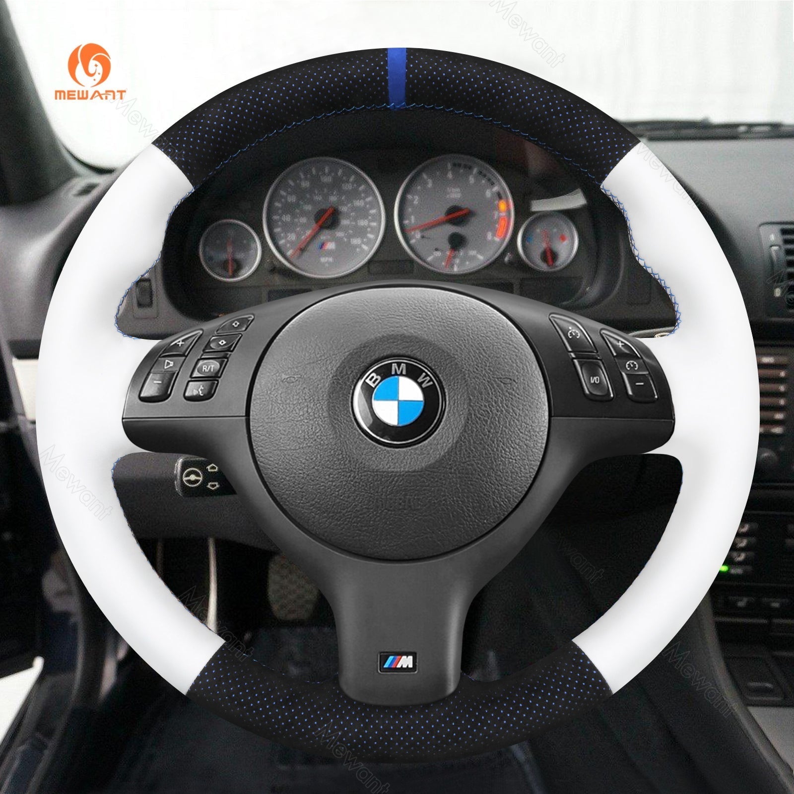 MEWANT Hand Stitch Car Steering Wheel Cover for BMW M Sport E46 330i 330Ci / E39 540i 525i 530i / M3 E46 / M5 E39 - Alcantara, Leather, Carbon Fiber, Easy Install, Non - Slip, Best Steering Wheel Cover