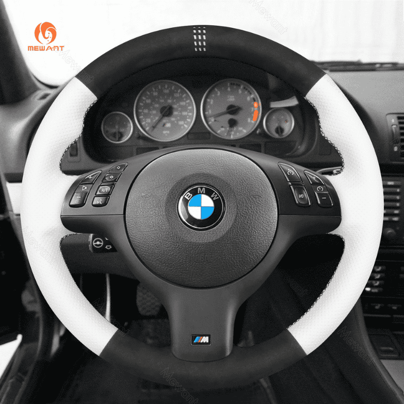 MEWANT Hand Stitch Car Steering Wheel Cover for BMW M Sport E46 330i 330Ci / E39 540i 525i 530i / M3 E46 / M5 E39 - Alcantara, Leather, Carbon Fiber, Easy Install, Non - Slip, Best Steering Wheel Cover