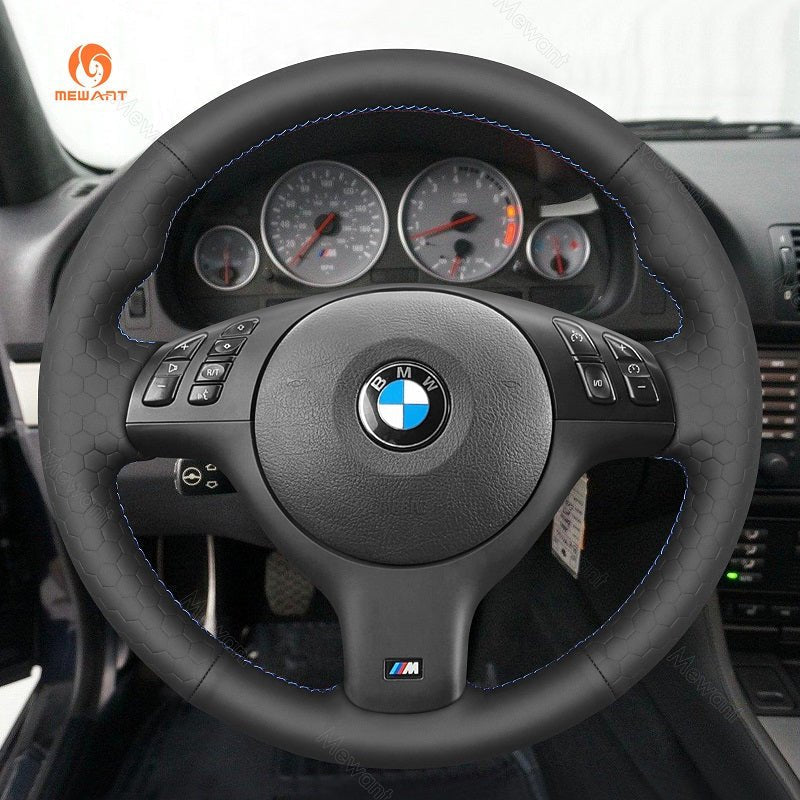 MEWANT Hand Stitch Car Steering Wheel Cover for BMW M Sport E46 330i 330Ci / E39 540i 525i 530i / M3 E46 / M5 E39 - Alcantara, Leather, Carbon Fiber, Easy Install, Non - Slip, Best Steering Wheel Cover