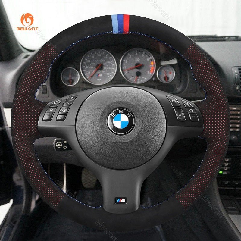 MEWANT Hand Stitch Car Steering Wheel Cover for BMW M Sport E46 330i 330Ci / E39 540i 525i 530i / M3 E46 / M5 E39 - Alcantara, Leather, Carbon Fiber, Easy Install, Non - Slip, Best Steering Wheel Cover
