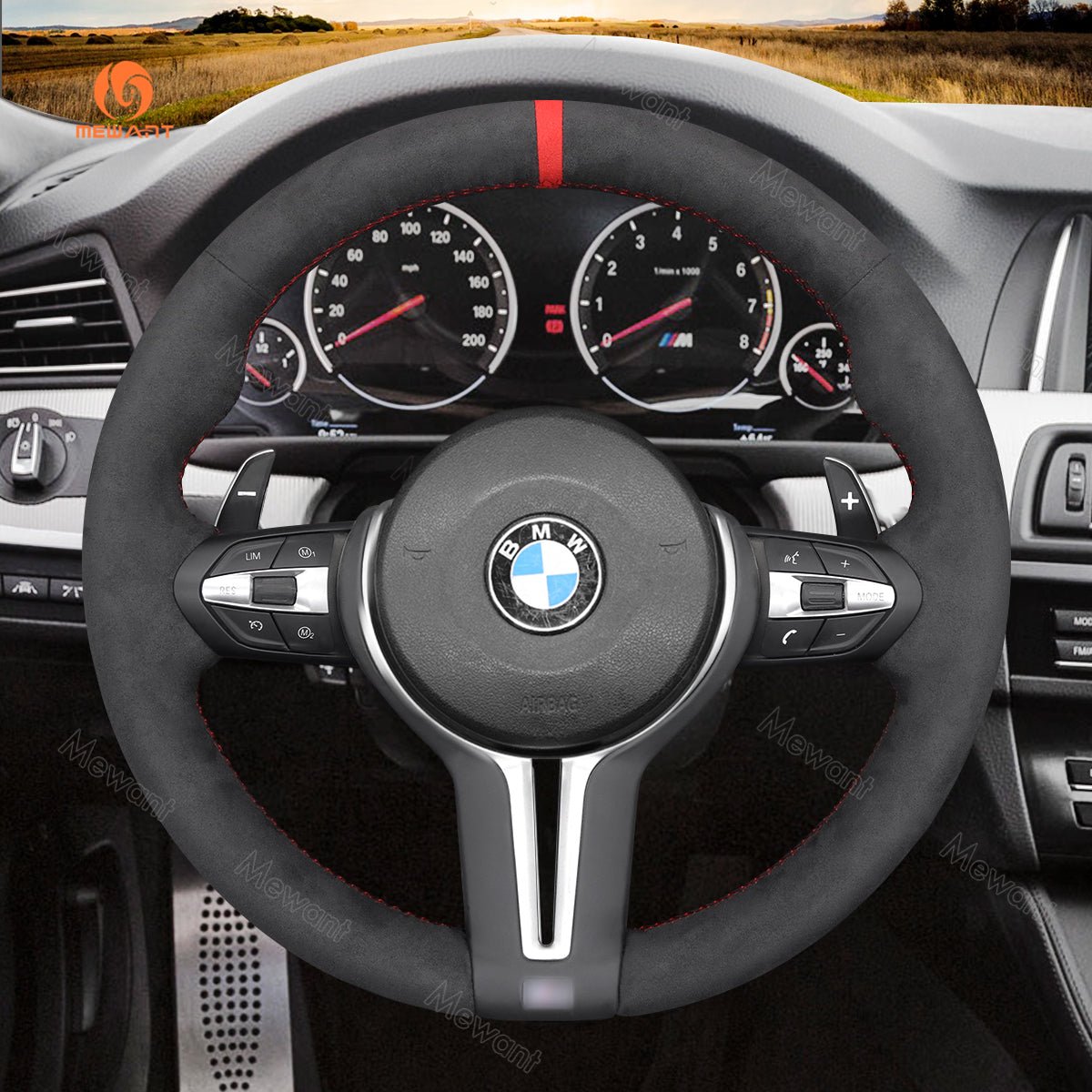 MEWANT Hand Stitch Car Steering Wheel Cover for BMW M2 F87 M3 F80 M4 F82 F83 M5 F10 M6 F06 F12 F13 X5 M X6 M F86 - Alcantara, Leather, Carbon Fiber, Easy Install, Non - Slip, Best Steering Wheel Cover